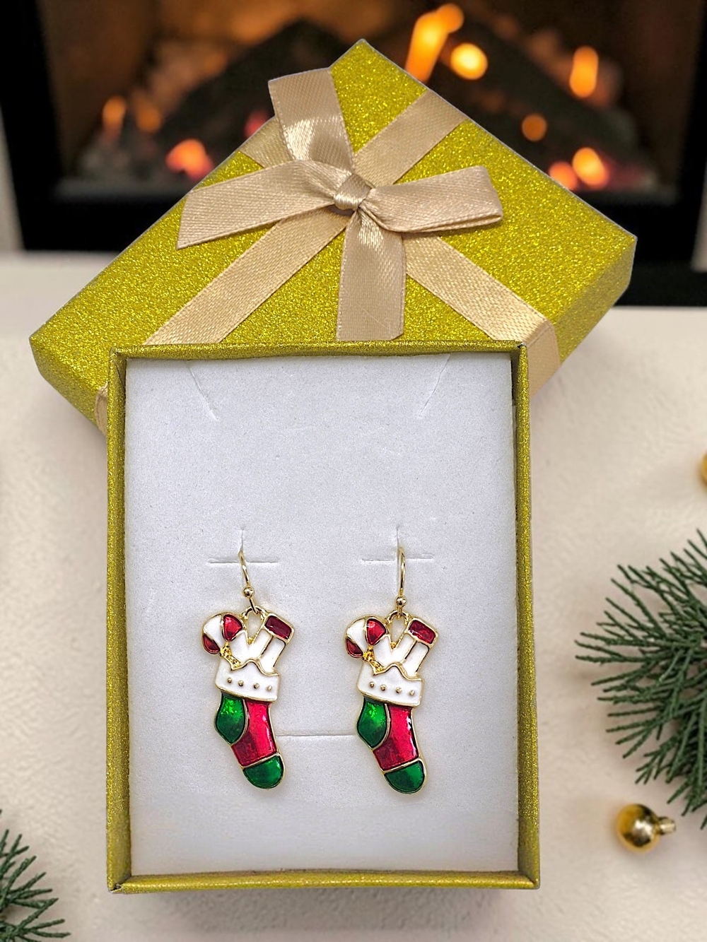 Candy Cane Christmas Stocking Drop Earrings with Gift Box